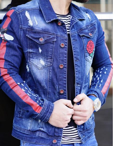 Distressed purple Denim Jacket with patches