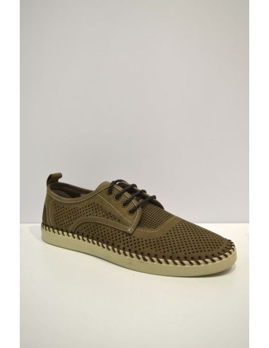 Army Green Leather Ventilated Loafer laces on
