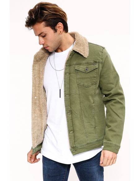 Fur Taba Green Mens Jeans Jacket