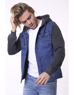 Light Navy Blue Hooded Anthracite Men Jeans Jacket