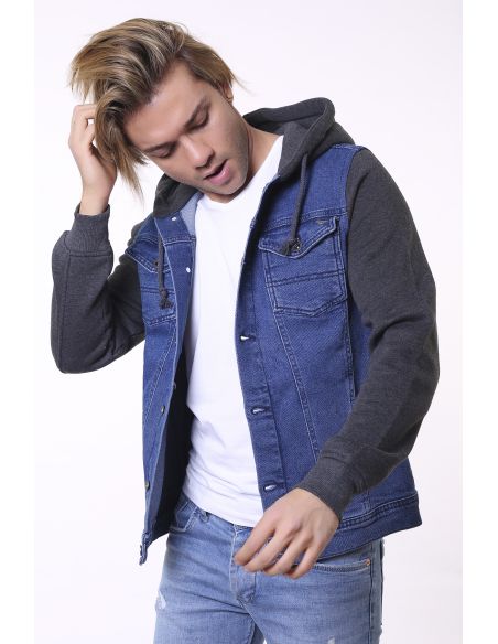 Light Navy Blue Hooded Anthracite Men Jeans Jacket