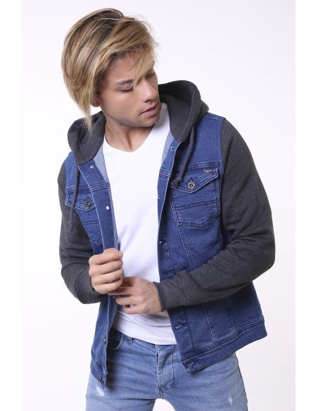 Light Navy Blue Hooded Anthracite Men Jeans Jacket