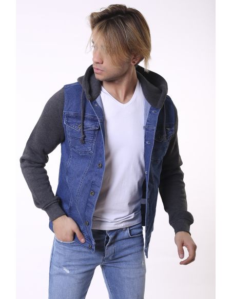 Light Navy Blue Hooded Anthracite Men Jeans Jacket