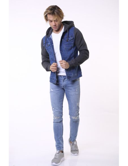 Light Navy Blue Hooded Anthracite Men Jeans Jacket