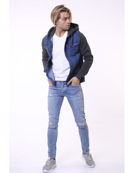 Light Navy Blue Hooded Anthracite Men Jeans Jacket