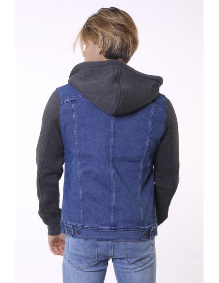 Light Navy Blue Hooded Anthracite Men Jeans Jacket