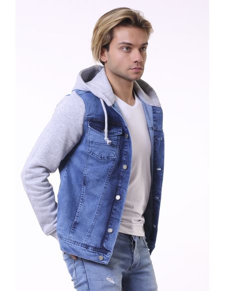 Light Blue Hooded Mens Jeans Jacket