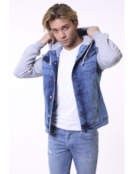 Light Blue Hooded Mens Jeans Jacket