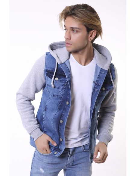 Light Blue Hooded Mens Jeans Jacket