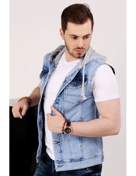 Spotted Hooded Light Blue Mens Jeans Vest