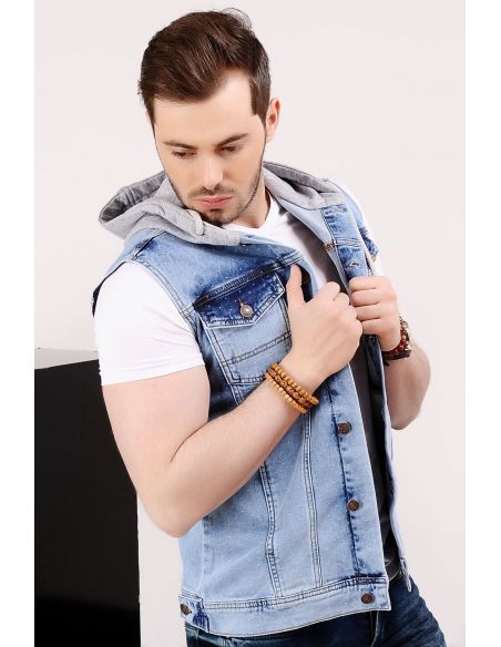 Spotted Hooded Light Blue Mens Jeans Vest