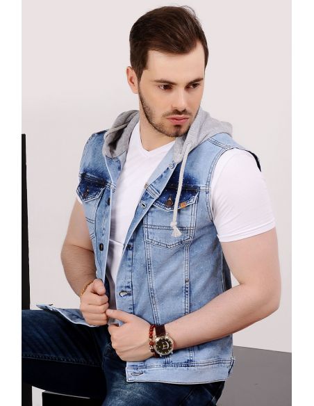 Spotted Hooded Light Blue Mens Jeans Vest