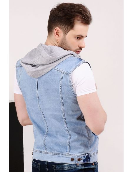 Spotted Hooded Light Blue Mens Jeans Vest