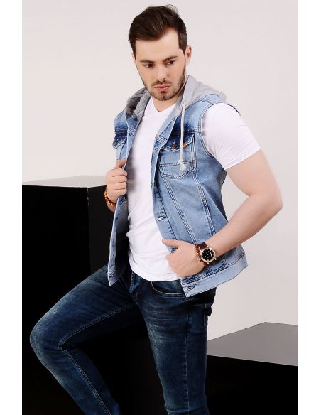 Spotted Hooded Light Blue Mens Jeans Vest