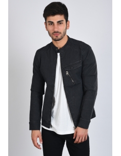 Zipper Detail Honeycomb Texture Smoked Mens Jeans Jacket