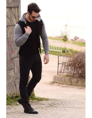 Gray Fleece Sleeve Black Mens Jeans Jacket