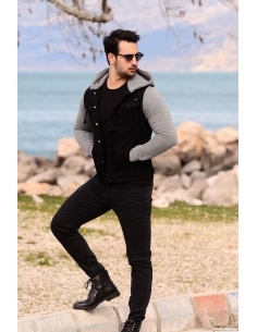 Gray Fleece Sleeve Black Mens Jeans Jacket 2