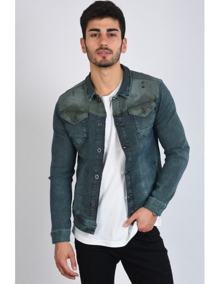 Khaki Cutout Detail Double Pocket Blue Mens Jeans Jacket