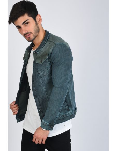 Khaki Cutout Detail Double Pocket Blue Mens Jeans Jacket