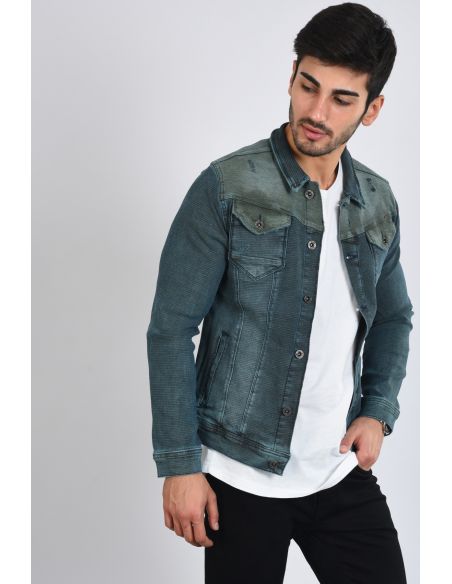 Khaki Cutout Detail Double Pocket Blue Mens Jeans Jacket