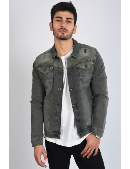 Dashed Double Pocket Khaki Mens Jeans Jacket