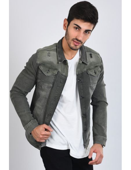 Dashed Double Pocket Khaki Mens Jeans Jacket