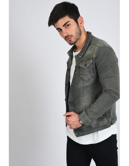 Dashed Double Pocket Khaki Mens Jeans Jacket