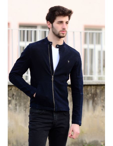 Sleeve Detail Navy Blue Men's Jeans Jacket with Zipper