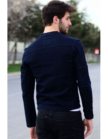 Sleeve Detail Navy Blue Men's Jeans Jacket with Zipper