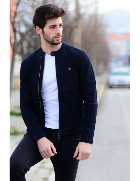 Sleeve Detail Navy Blue Men's Jeans Jacket with Zipper