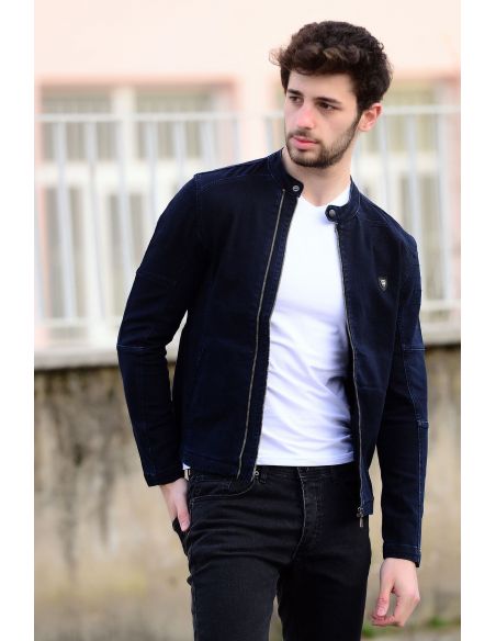 Sleeve Detail Navy Blue Men's Jeans Jacket with Zipper