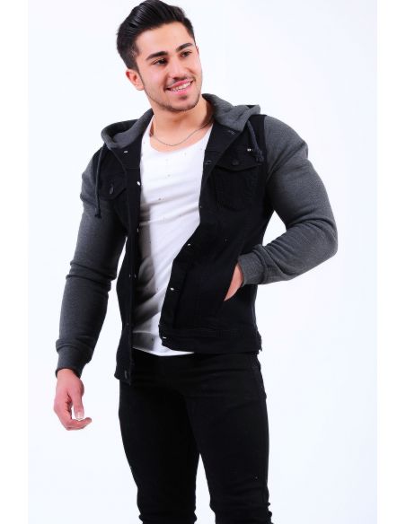 Sleeve Smoked Fleece Black Mens Jeans Jacket