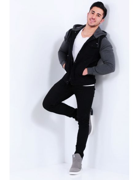 Sleeve Smoked Fleece Black Mens Jeans Jacket