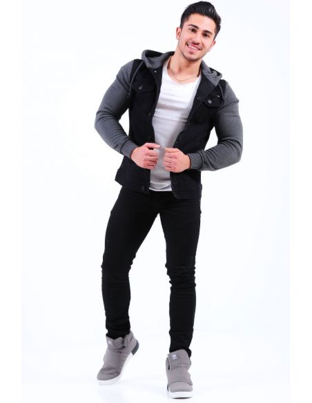 Sleeve Smoked Fleece Black Mens Jeans Jacket