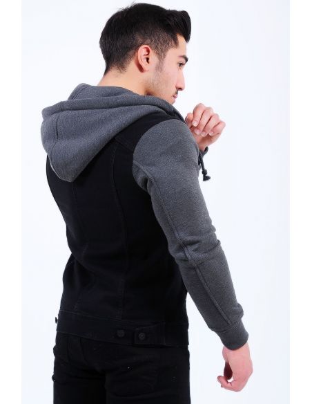 Sleeve Smoked Fleece Black Mens Jeans Jacket