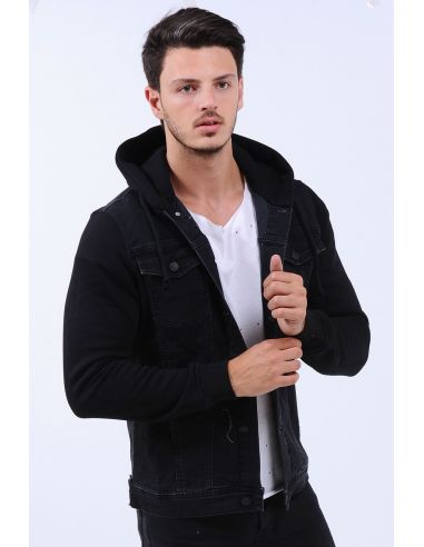 Sleeves Fleece Hooded Mens Jeans Jacket Black