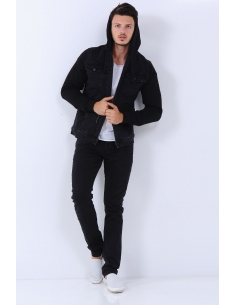 Sleeves Fleece Hooded Mens Jeans Jacket Black 2