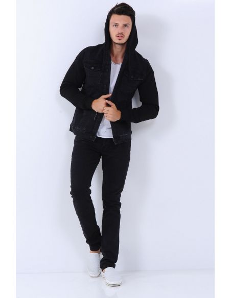 Sleeves Fleece Hooded Mens Jeans Jacket Black