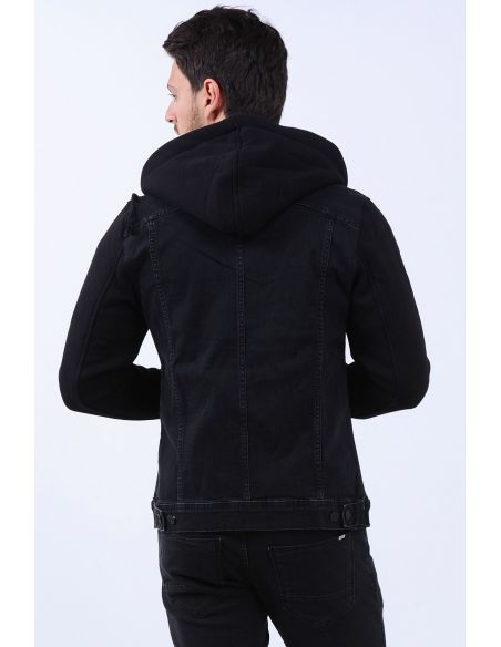 Sleeves Fleece Hooded Mens Jeans Jacket Black