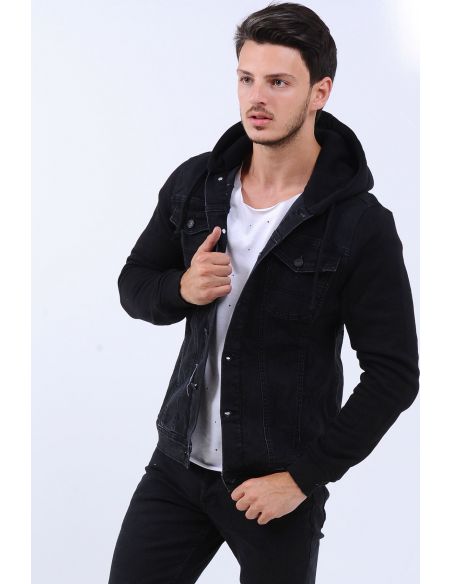 Sleeves Fleece Hooded Mens Jeans Jacket Black