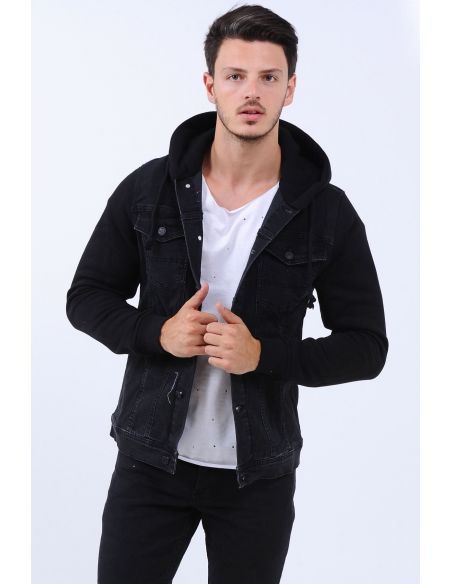 Sleeves Fleece Hooded Mens Jeans Jacket Black