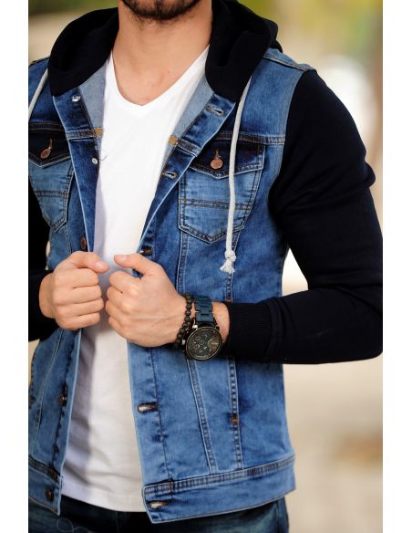 Men's Fleece Navy Blue Hooded Jeans Jacket Light Blue