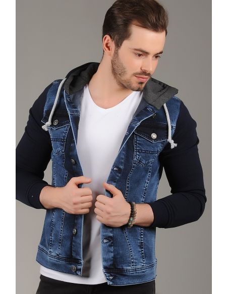 Navy Blue Fleece Mens Jeans Jacket