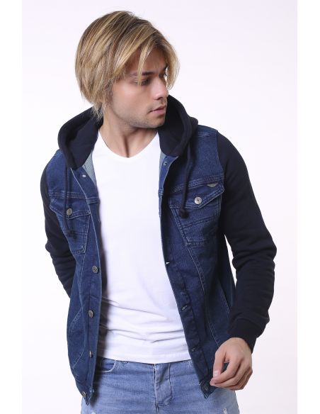 Dark Navy Blue Hooded Mens Jeans Jacket