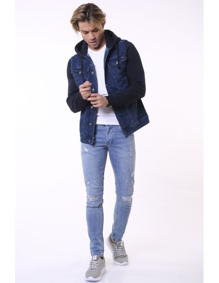 Dark Navy Blue Hooded Mens Jeans Jacket