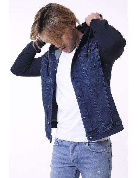 Dark Navy Blue Hooded Mens Jeans Jacket