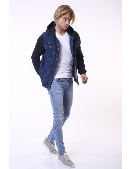 Dark Navy Blue Hooded Mens Jeans Jacket