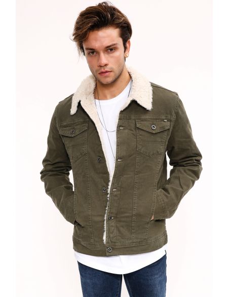 Fur White Khaki Mens Jeans Jacket