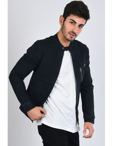 Navy Blue Zippered Men's Jeans Jacket