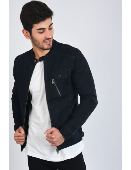 Navy Blue Zippered Men's Jeans Jacket